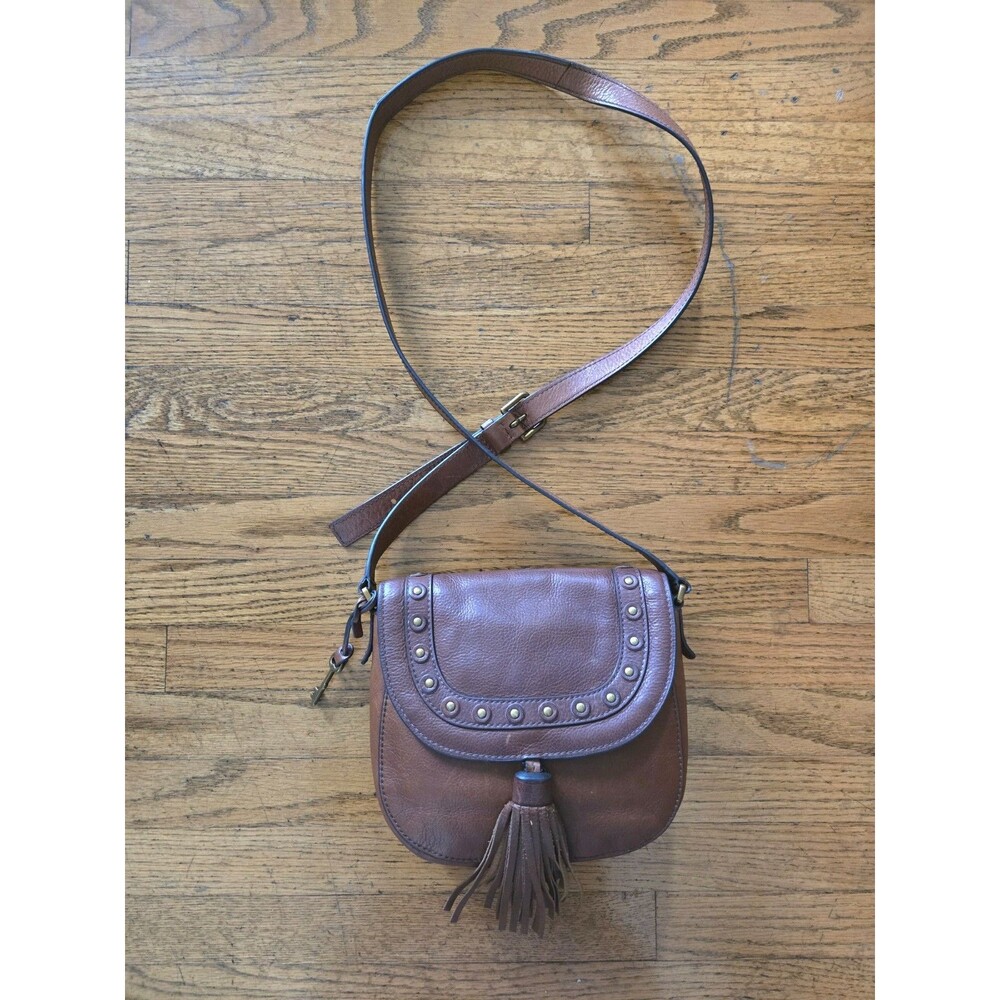 Fossil Emi Tassel Studded Saddle Brown Leather Crossbody Bag